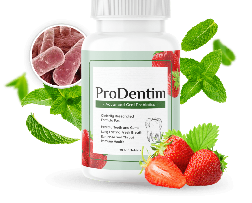 ProDentim advanced oral probiotics supplement bottle with strawberries, mint leaves, and probiotic bacteria illustration, promoting healthy teeth, gums, fresh breath, and immune support