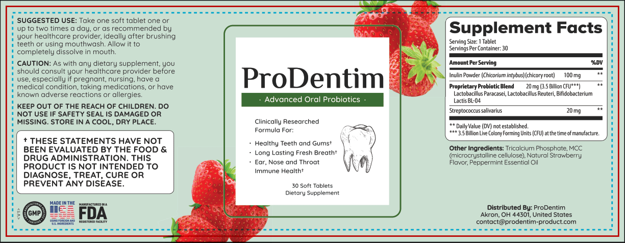 ProDentim dietary supplement box label showing product information, suggested use, caution, supplement facts, and key benefits, decorated with strawberries.